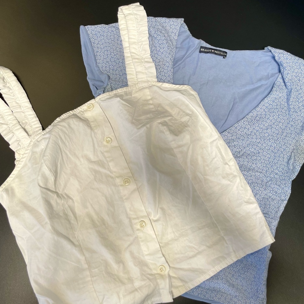 Brandy Melville White Button-Up Top and Blue Patterned crop top.